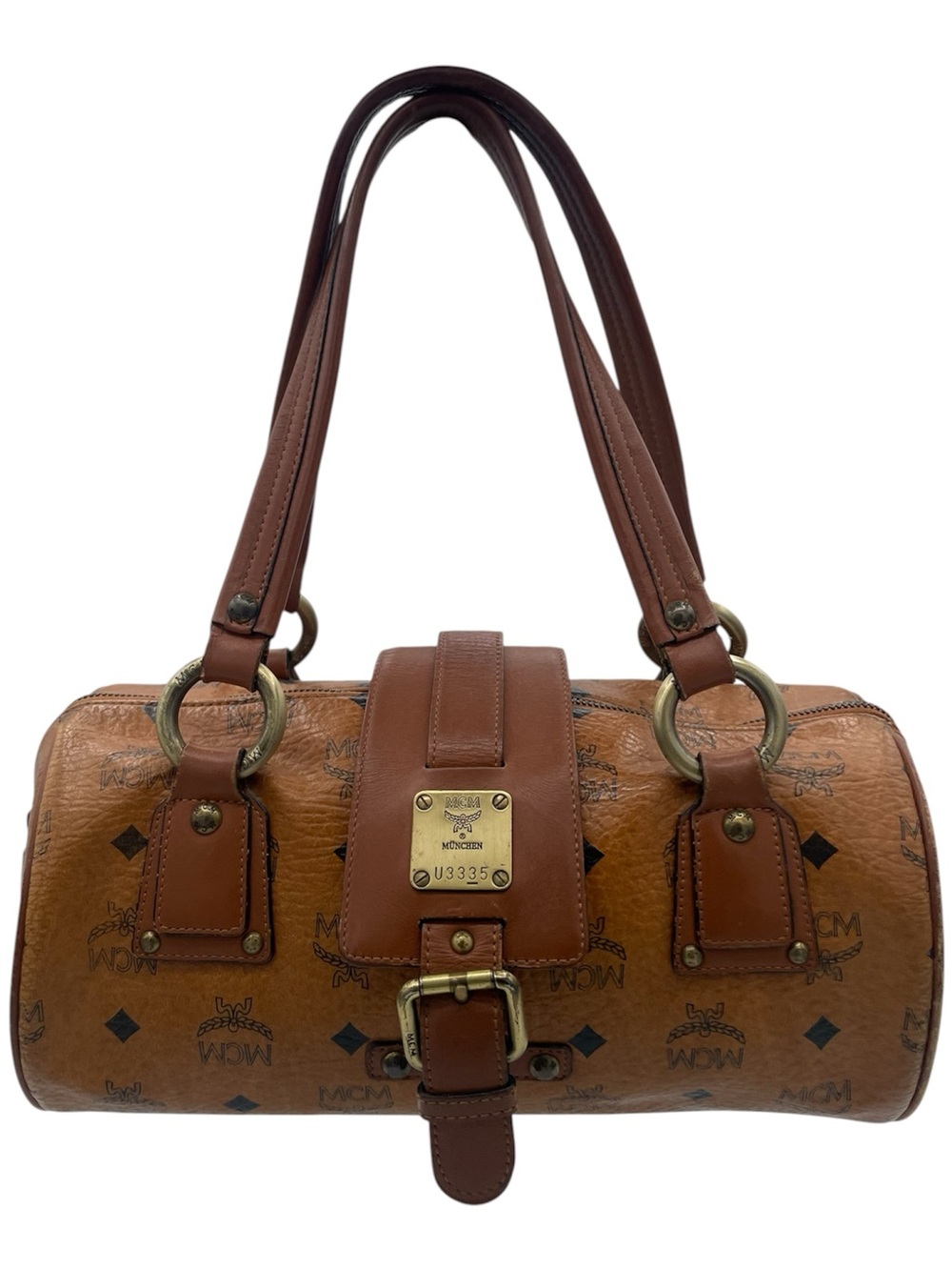 MCM Cognac Monogram Barrel Shoulder Bag with Brown Trim